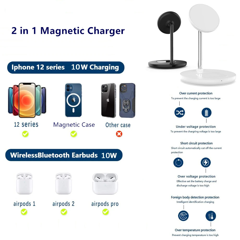 2 in 1 Magnetic Wireless Charger Stand For iPhone 13 12 Pro Max Mini Airpods Fast Charging Station Dock Mobile Phone Chargers