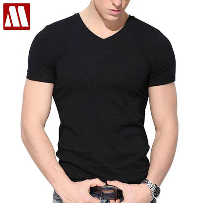 Summer T Shirt Slim Fit Cotton V Collar T Shirts Men's Fitness Tees 2024 New Style Mens Short Sleeve for Men Big Size to XXXXXL